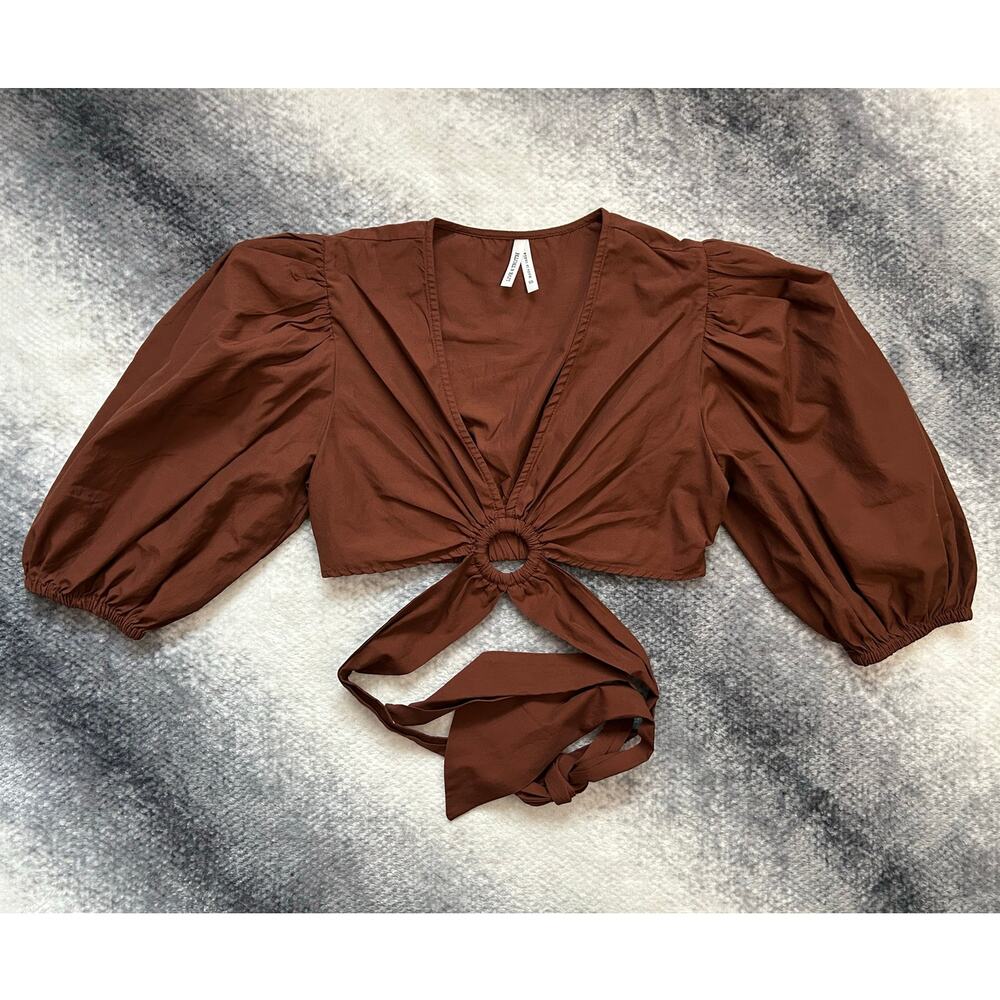 Live 4 Truth Puff Sleeve Cropped Strap Tie Brown Top Size Medium Rodeo Western